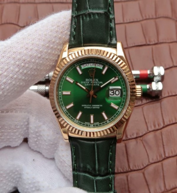 rolex day date green leather